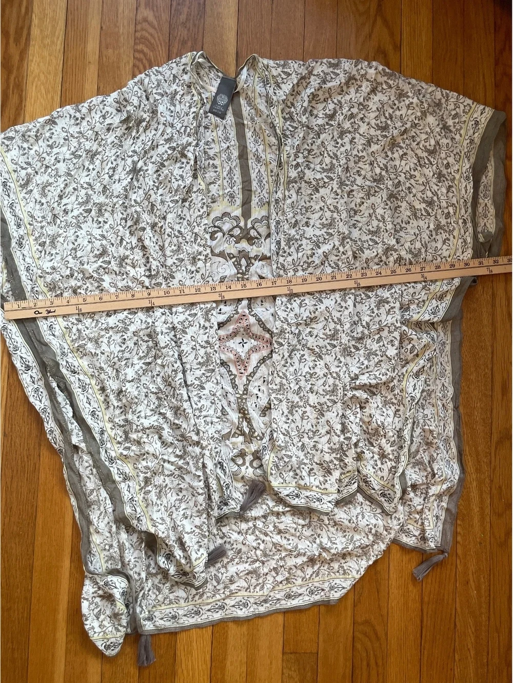 Vince Camuto Boho Wrap Cover Up Kimono Cream Lurex Yellow Olive Rayon Tassel OS